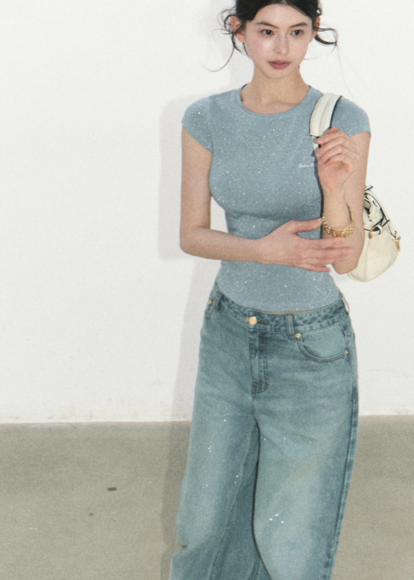 oakmoo top, sparkle slim t-shirt, metallic thread top, korean minimal fashion, short sleeve summer top, fitted crew neck tee, shimmer summer top, waist skimming top, quiet luxury basic top, soft fitted t-shirt, feminine summer top, minimalist korean outfit