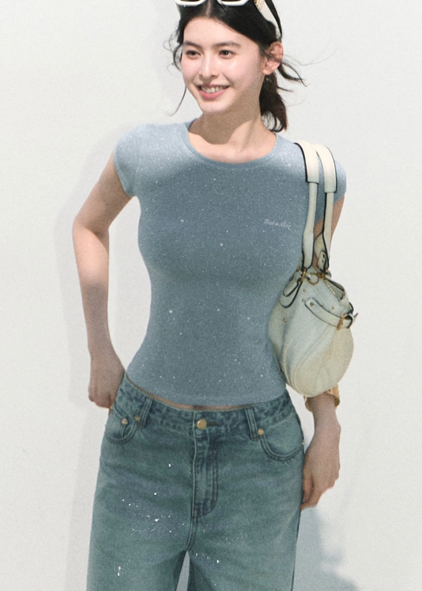 oakmoo top, sparkle slim t-shirt, metallic thread top, korean minimal fashion, short sleeve summer top, fitted crew neck tee, shimmer summer top, waist skimming top, quiet luxury basic top, soft fitted t-shirt, feminine summer top, minimalist korean outfit