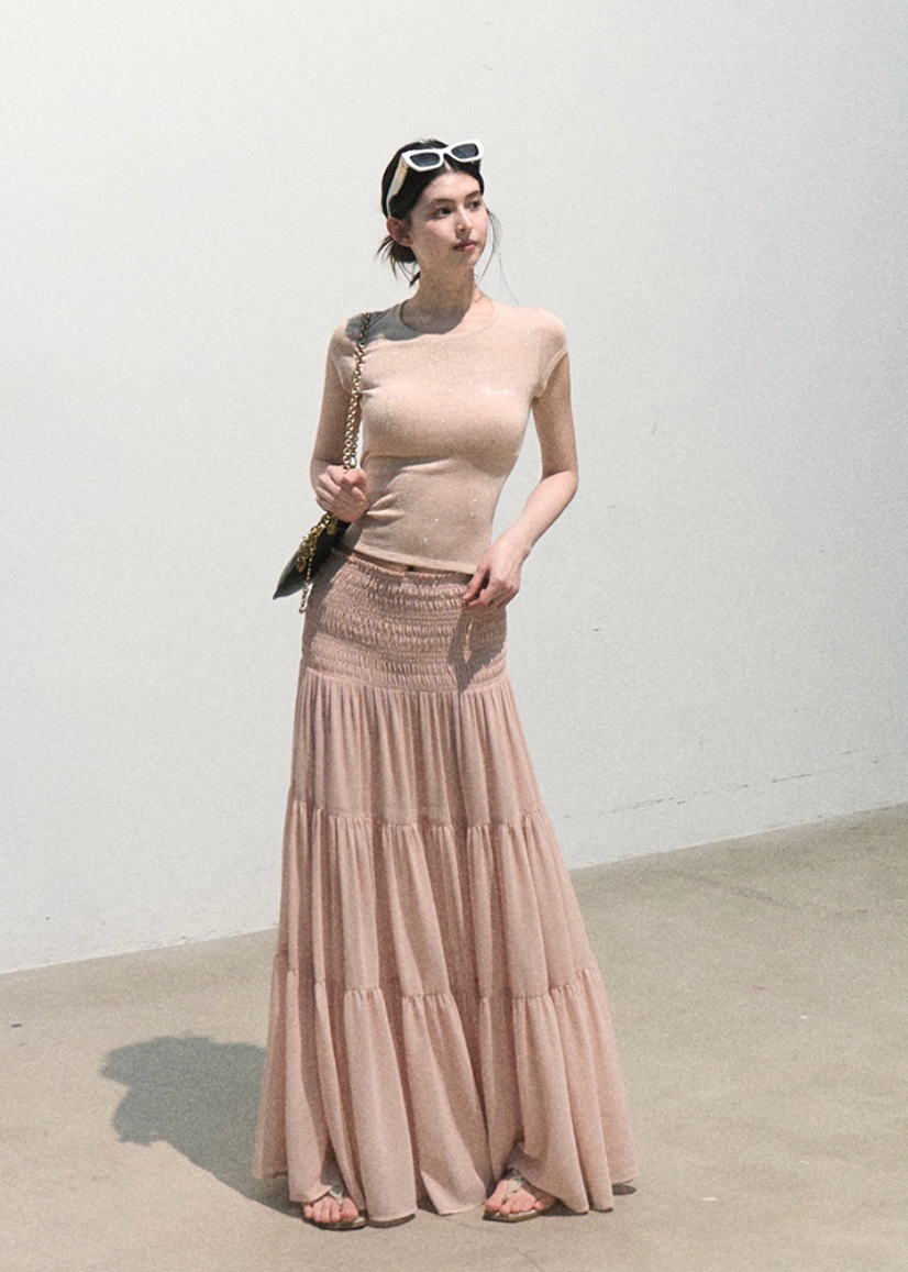 oakmoo top, sparkle slim t-shirt, metallic thread top, korean minimal fashion, short sleeve summer top, fitted crew neck tee, shimmer summer top, waist skimming top, quiet luxury basic top, soft fitted t-shirt, feminine summer top, minimalist korean outfit