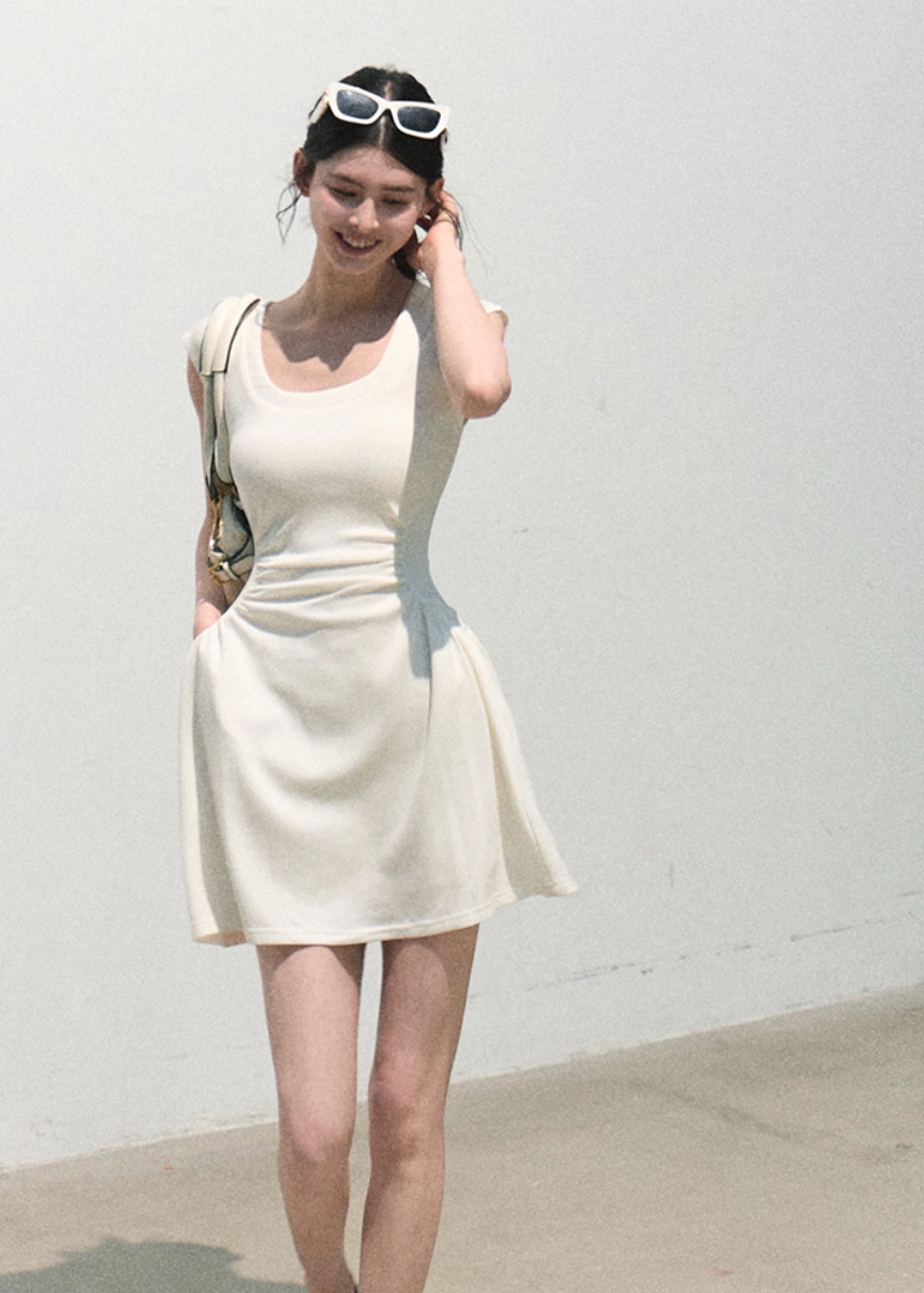 oakmoo dress, white tank dress, a-line summer dress, waist cinching dress, korean minimal dress, elegant summer dress, white vacation dress, short white dress, long white dress, refined tank dress, quiet luxury dress, feminine summer outfit