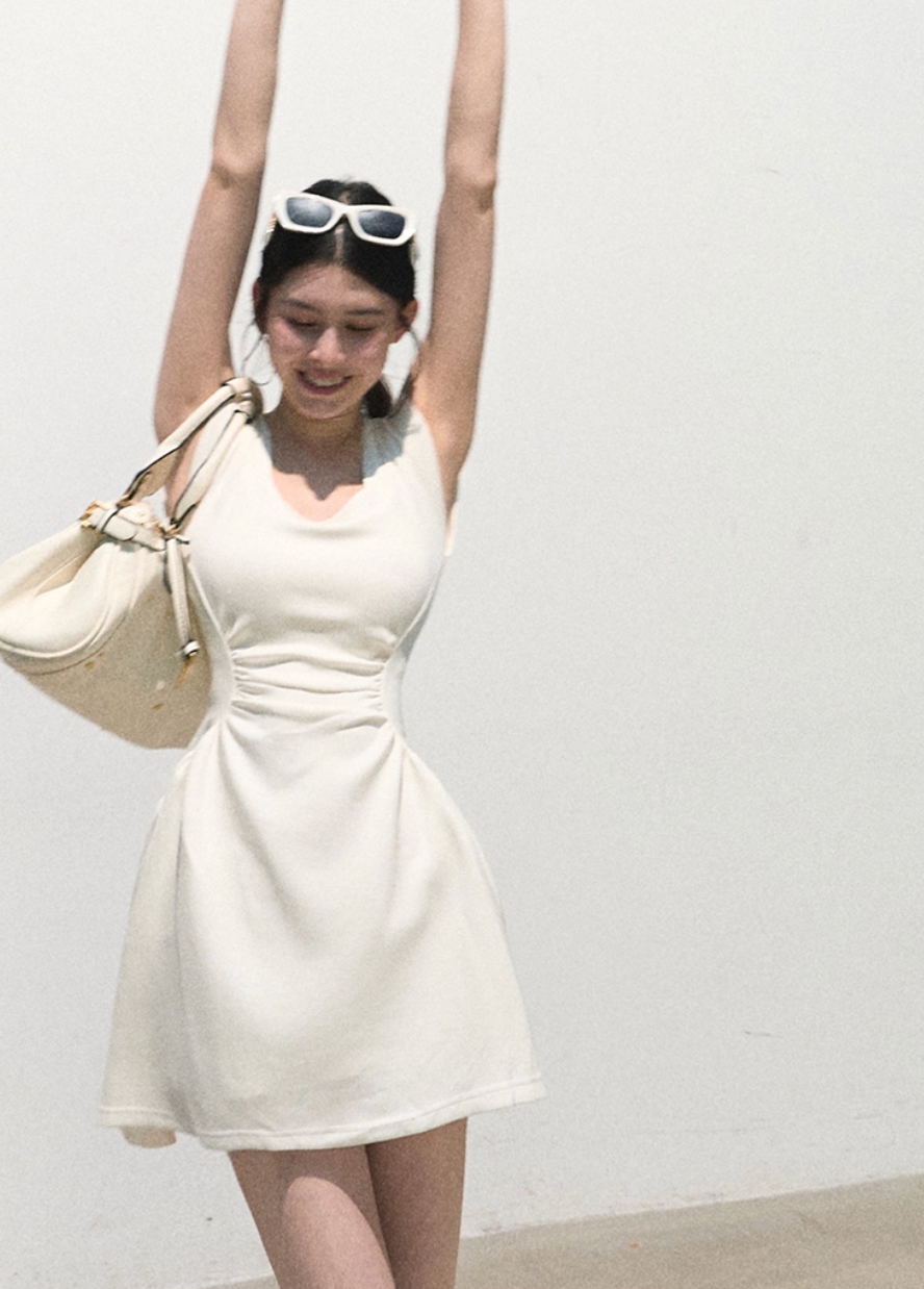oakmoo dress, white tank dress, a-line summer dress, waist cinching dress, korean minimal dress, elegant summer dress, white vacation dress, short white dress, long white dress, refined tank dress, quiet luxury dress, feminine summer outfit