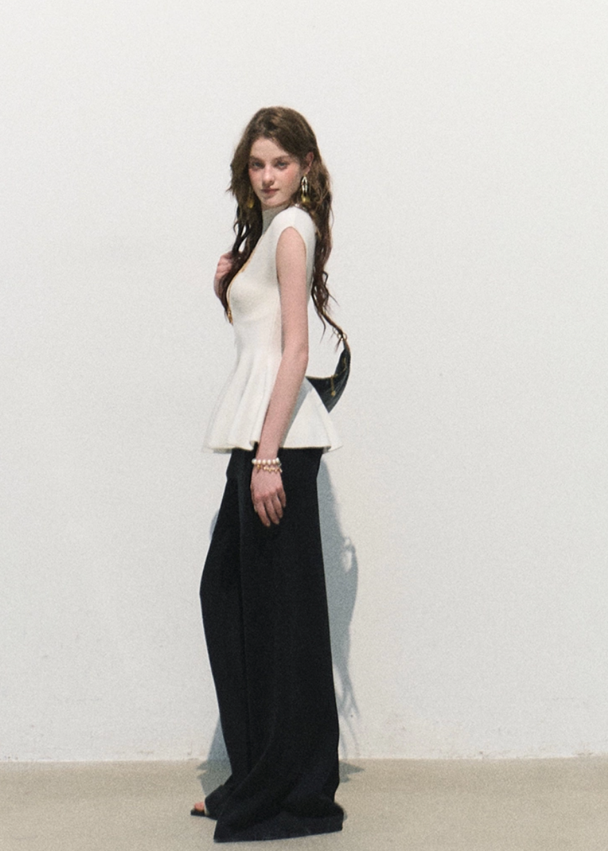 oakmoo top, white peplum top, waist cinching knit top, korean minimal fashion, white summer top, sleeveless knit top, lyocell acetate top, refined summer blouse, quiet luxury top, feminine knit top, elegant casual top, sculpted white top