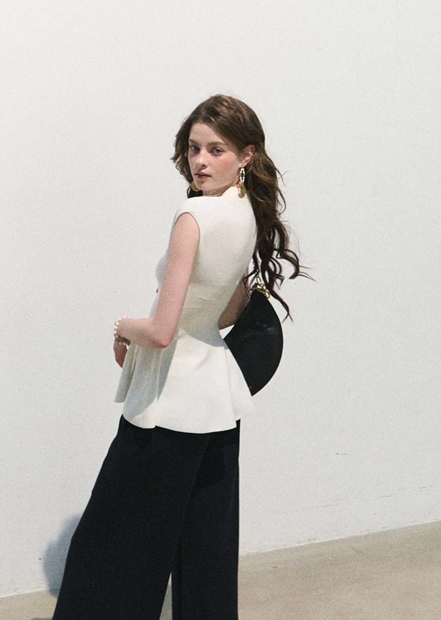 oakmoo top, white peplum top, waist cinching knit top, korean minimal fashion, white summer top, sleeveless knit top, lyocell acetate top, refined summer blouse, quiet luxury top, feminine knit top, elegant casual top, sculpted white top