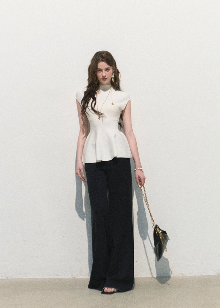 oakmoo top, white peplum top, waist cinching knit top, korean minimal fashion, white summer top, sleeveless knit top, lyocell acetate top, refined summer blouse, quiet luxury top, feminine knit top, elegant casual top, sculpted white top