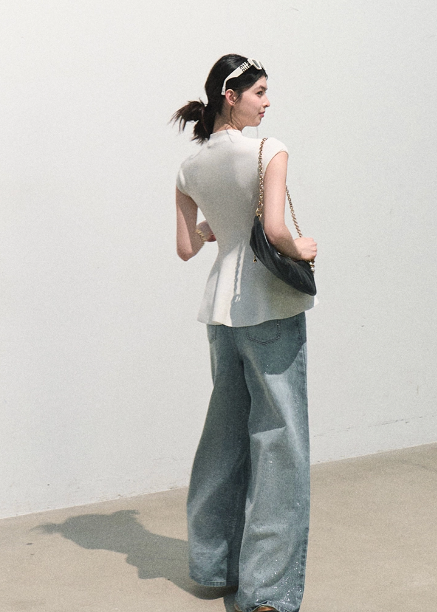 oakmoo top, white peplum top, waist cinching knit top, korean minimal fashion, white summer top, sleeveless knit top, lyocell acetate top, refined summer blouse, quiet luxury top, feminine knit top, elegant casual top, sculpted white top