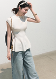 oakmoo top, white peplum top, waist cinching knit top, korean minimal fashion, white summer top, sleeveless knit top, lyocell acetate top, refined summer blouse, quiet luxury top, feminine knit top, elegant casual top, sculpted white top