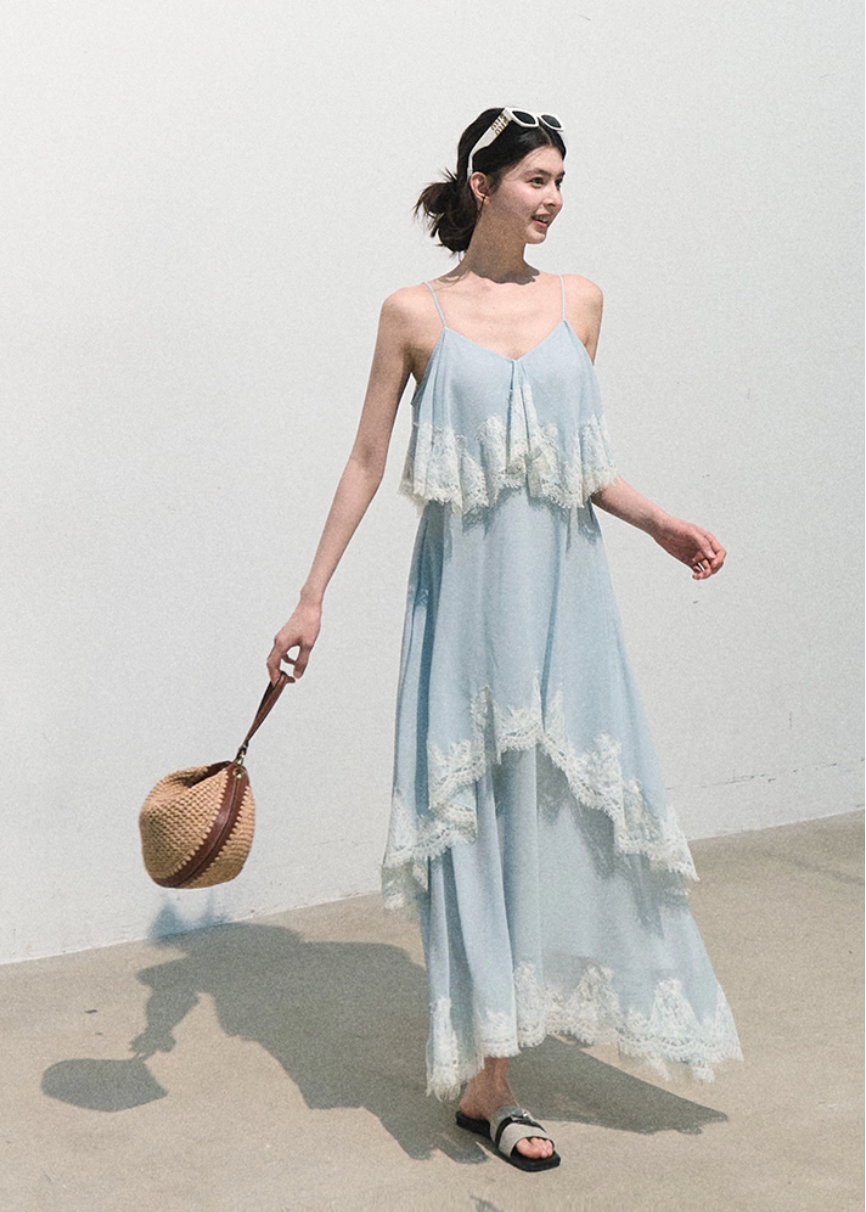 oakmoo dress, pink chiffon maxi dress, lace trim dress, off shoulder resort dress, feminine summer maxi dress, romantic vacation dress, seaside chiffon dress, elegant pink long dress, lace resort dress, soft occasion dress
