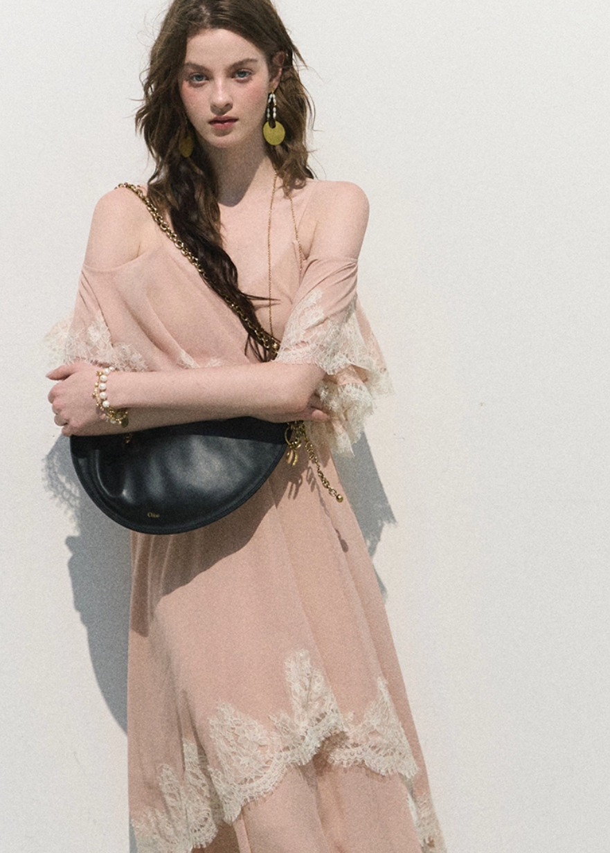 oakmoo dress, pink chiffon maxi dress, lace trim dress, off shoulder resort dress, feminine summer maxi dress, romantic vacation dress, seaside chiffon dress, elegant pink long dress, lace resort dress, soft occasion dress