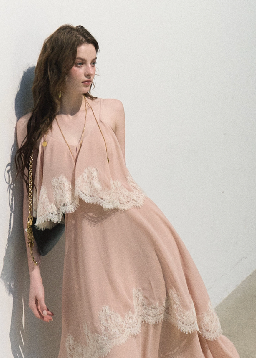 oakmoo dress, pink chiffon maxi dress, lace trim dress, off shoulder resort dress, feminine summer maxi dress, romantic vacation dress, seaside chiffon dress, elegant pink long dress, lace resort dress, soft occasion dress