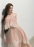 oakmoo dress, pink chiffon maxi dress, lace trim dress, off shoulder resort dress, feminine summer maxi dress, romantic vacation dress, seaside chiffon dress, elegant pink long dress, lace resort dress, soft occasion dress