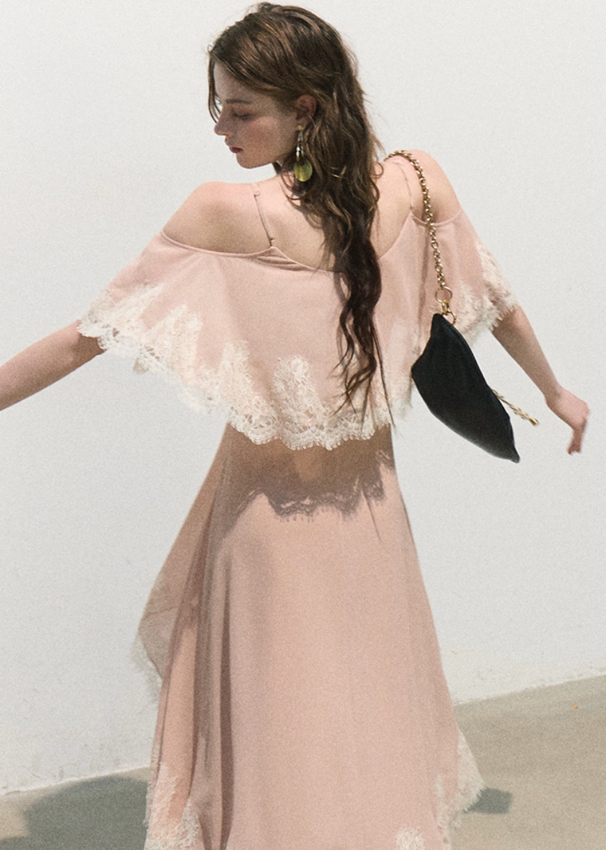 oakmoo dress, pink chiffon maxi dress, lace trim dress, off shoulder resort dress, feminine summer maxi dress, romantic vacation dress, seaside chiffon dress, elegant pink long dress, lace resort dress, soft occasion dress