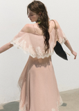 oakmoo dress, pink chiffon maxi dress, lace trim dress, off shoulder resort dress, feminine summer maxi dress, romantic vacation dress, seaside chiffon dress, elegant pink long dress, lace resort dress, soft occasion dress