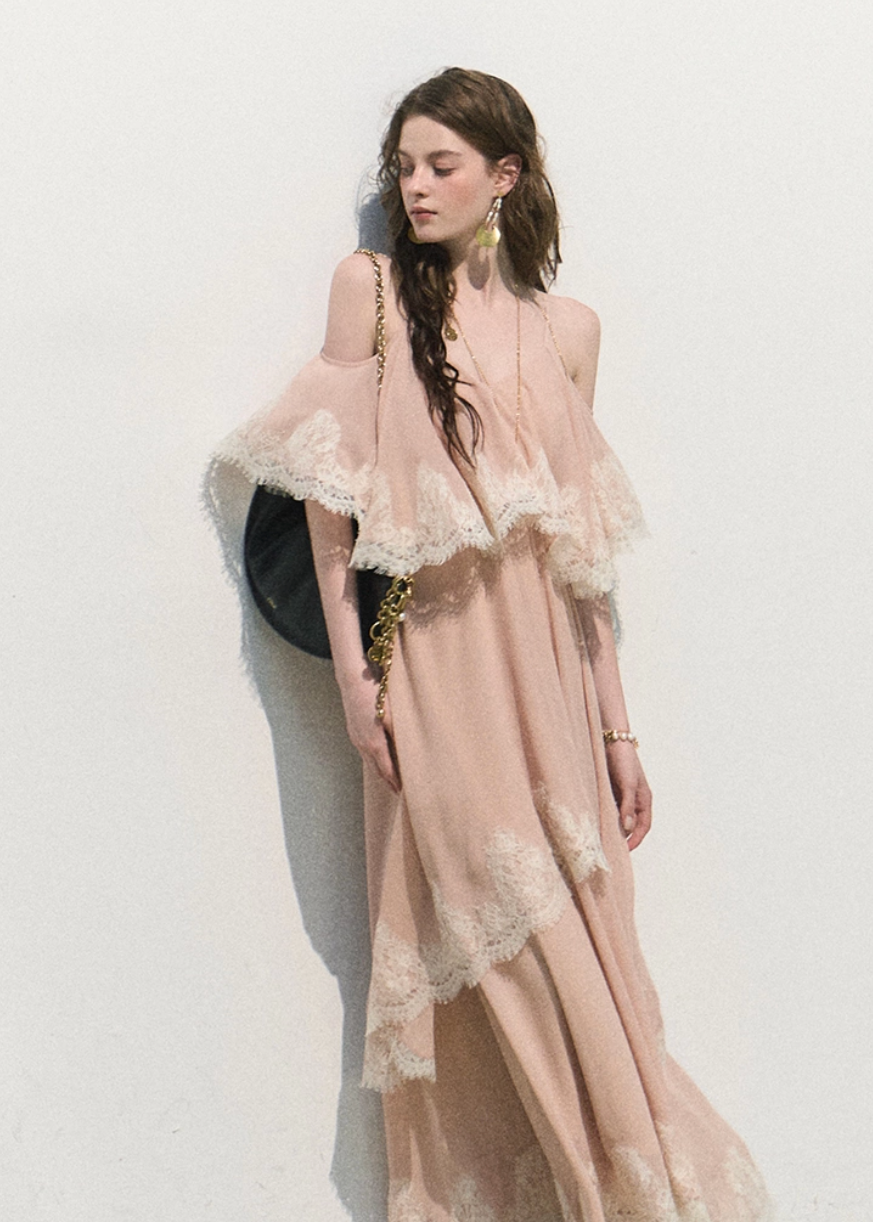 oakmoo dress, pink chiffon maxi dress, lace trim dress, off shoulder resort dress, feminine summer maxi dress, romantic vacation dress, seaside chiffon dress, elegant pink long dress, lace resort dress, soft occasion dress