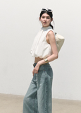 oakmoo top, cotton sleeveless top, pleated cotton top, white halter top, korean minimal fashion, flower bud top, cropped summer top, resort summer top, pure cotton blouse, feminine white top, quiet luxury top, soft summer outfit