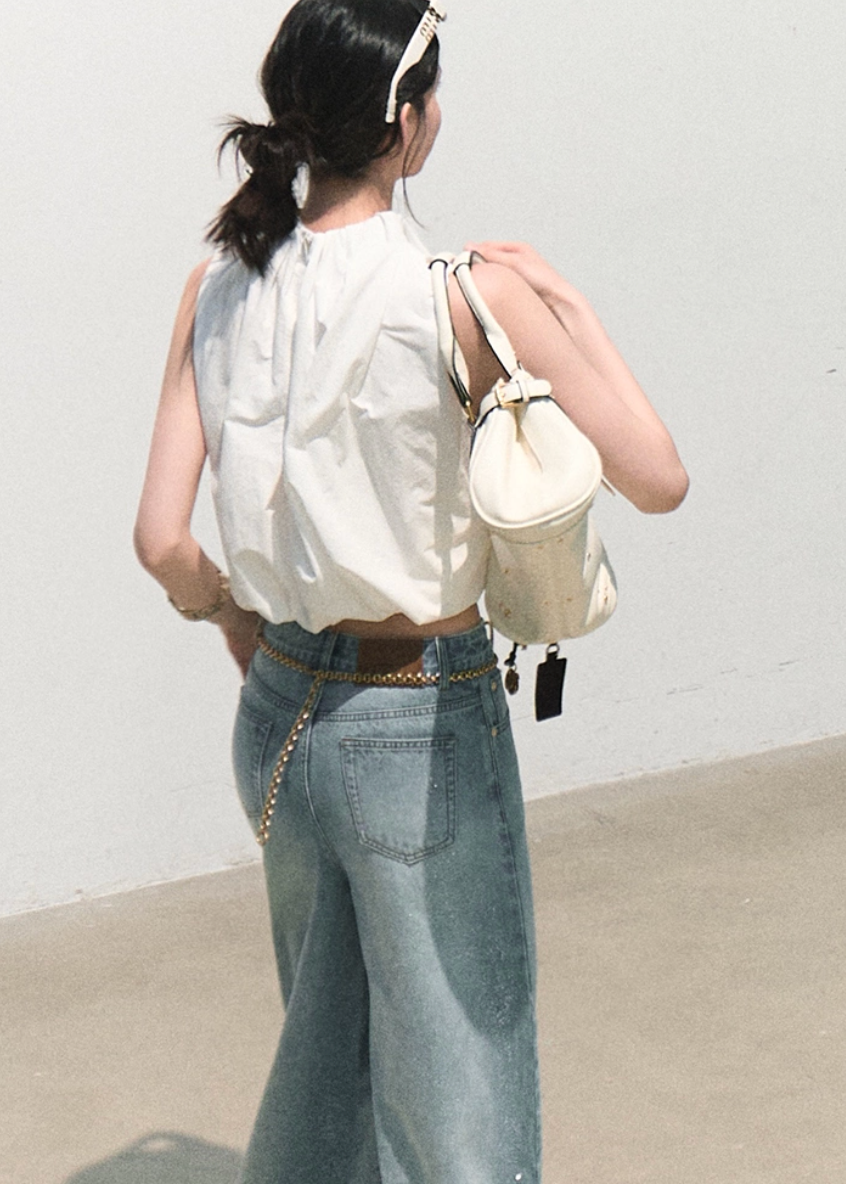 oakmoo top, cotton sleeveless top, pleated cotton top, white halter top, korean minimal fashion, flower bud top, cropped summer top, resort summer top, pure cotton blouse, feminine white top, quiet luxury top, soft summer outfit