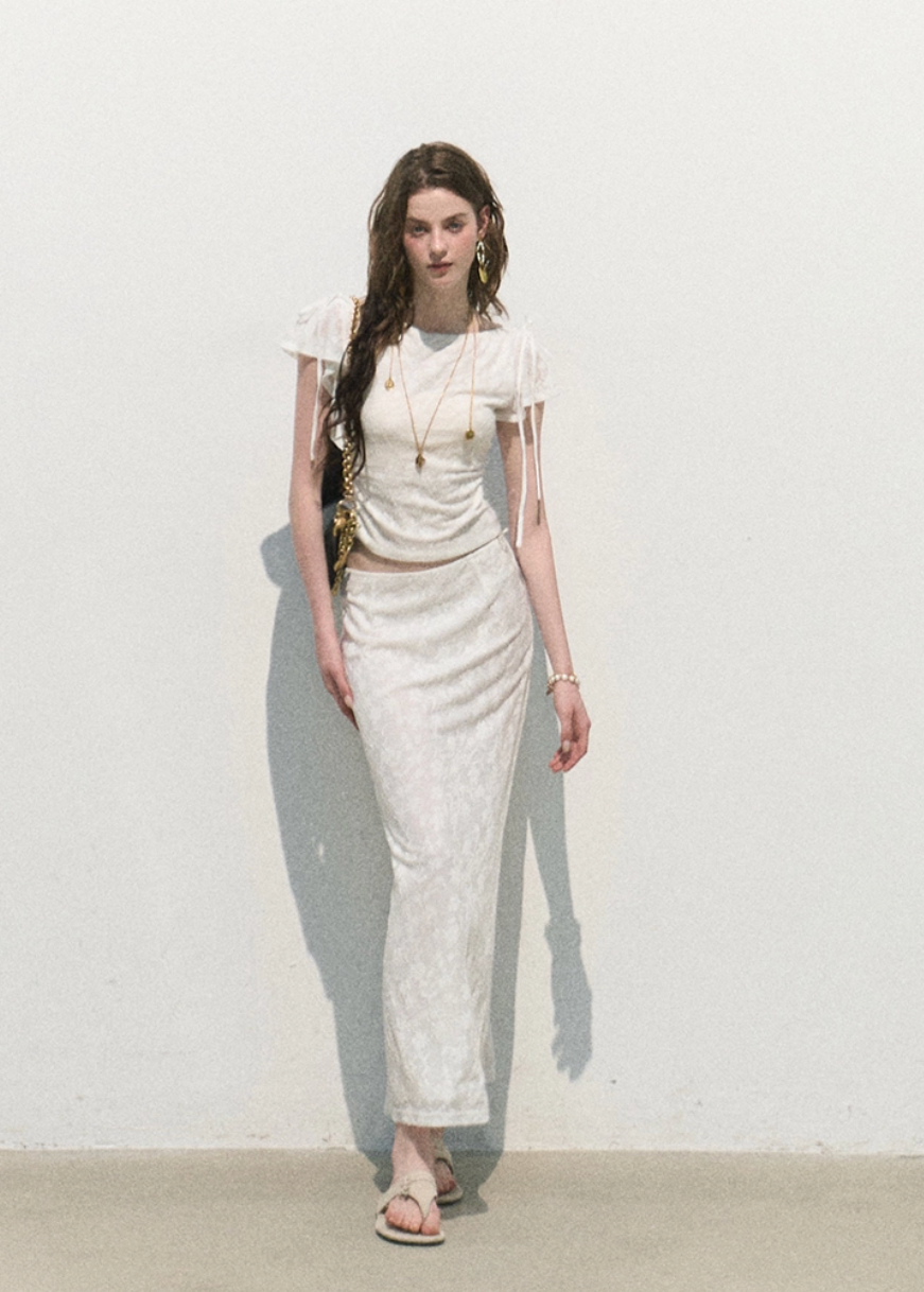 oakmoo set, white jacquard set, top and skirt set, korean minimal fashion, white two piece set, slim short sleeve top, long white skirt, feminine summer outfit, textured jacquard outfit, quiet luxury set, elegant summer set, romantic korean outfit