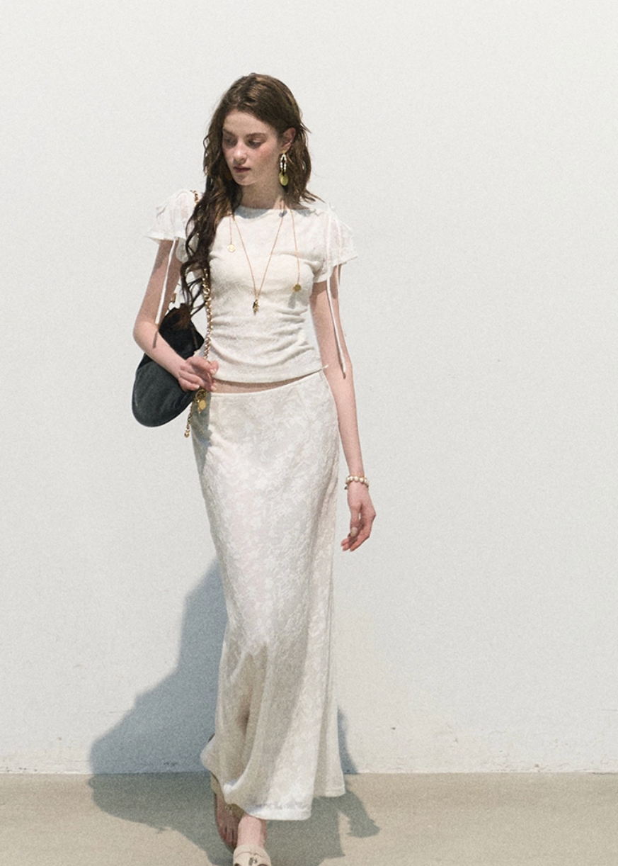 oakmoo set, white jacquard set, top and skirt set, korean minimal fashion, white two piece set, slim short sleeve top, long white skirt, feminine summer outfit, textured jacquard outfit, quiet luxury set, elegant summer set, romantic korean outfit