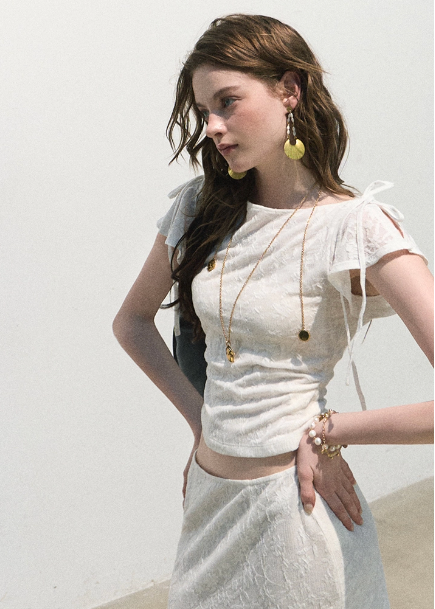 oakmoo set, white jacquard set, top and skirt set, korean minimal fashion, white two piece set, slim short sleeve top, long white skirt, feminine summer outfit, textured jacquard outfit, quiet luxury set, elegant summer set, romantic korean outfit