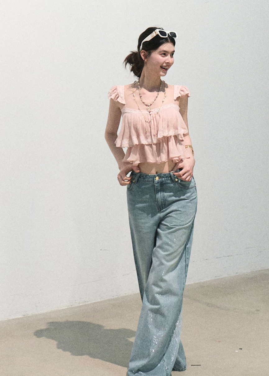 oakmoo top, lyocell resort top, ruffle cami top, lace trim summer top, feminine resort top, blush summer camisole, gentle summer top, vacation outfit top, romantic ruffle top, elegant strap top