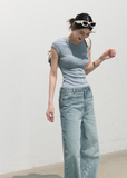 oakmoo jeans, wide leg jeans women, gradient denim jeans, vintage washed jeans, silver detail jeans, loose straight leg jeans, korean minimal fashion, summer denim pants, blue wide leg jeans, cotton denim jeans, casual city outfit, relaxed summer jeans