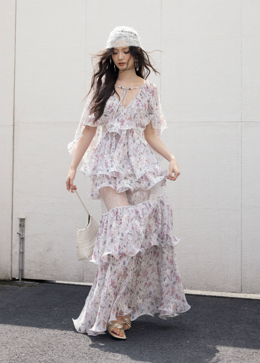 floral two piece set, ruffle maxi skirt set, korean fashion set, romantic floral outfit, vintage floral set, chiffon ruffle top, summer skirt set, feminine two piece outfit, resort wear women, elegant floral maxi set