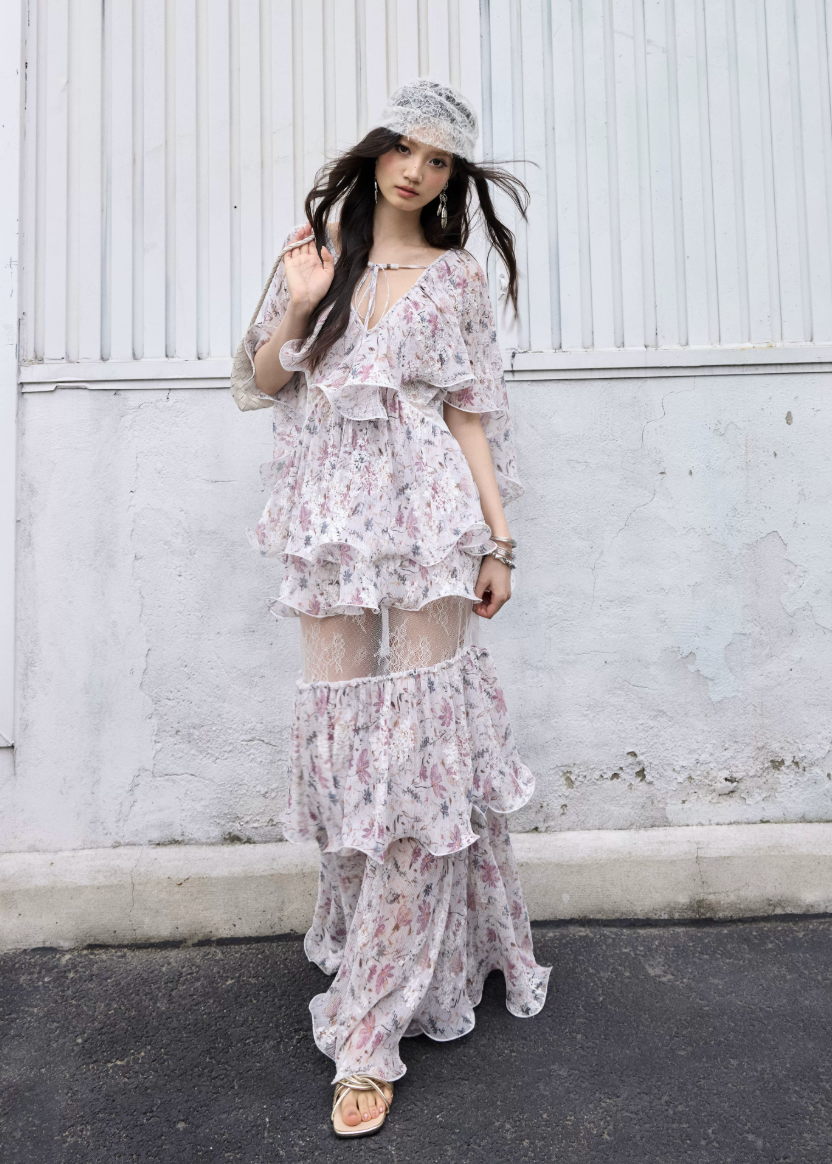 floral two piece set, ruffle maxi skirt set, korean fashion set, romantic floral outfit, vintage floral set, chiffon ruffle top, summer skirt set, feminine two piece outfit, resort wear women, elegant floral maxi set