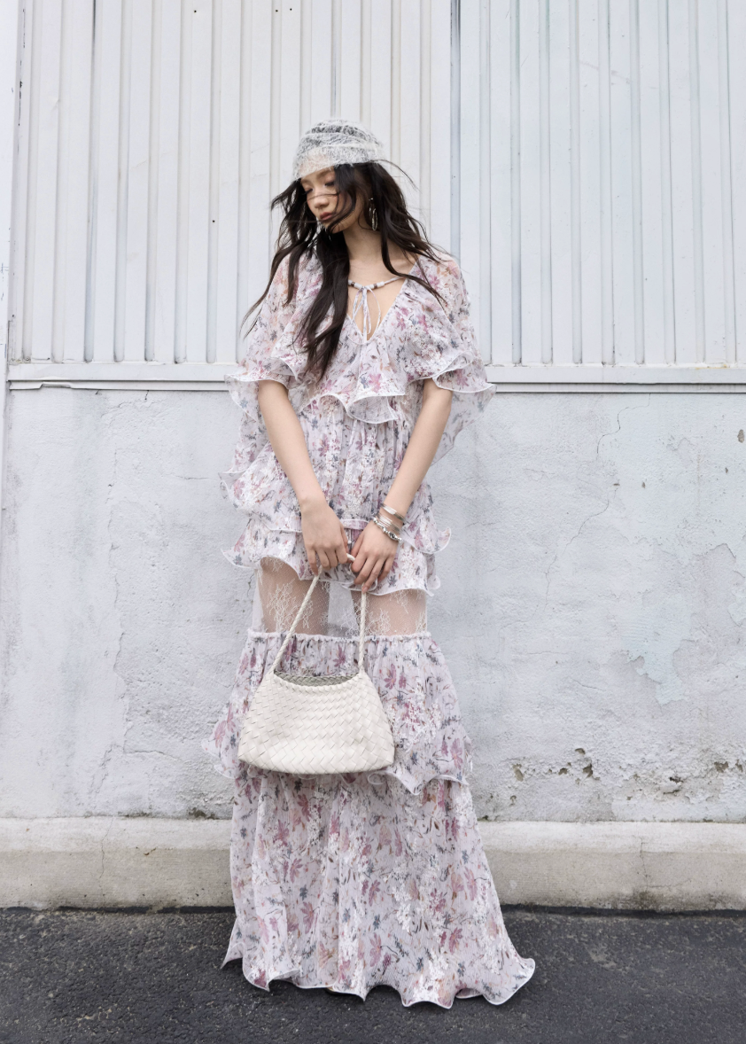 floral two piece set, ruffle maxi skirt set, korean fashion set, romantic floral outfit, vintage floral set, chiffon ruffle top, summer skirt set, feminine two piece outfit, resort wear women, elegant floral maxi set