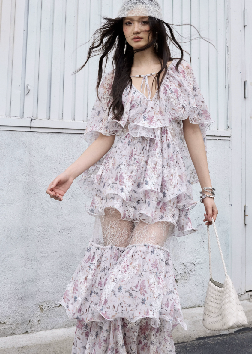 floral two piece set, ruffle maxi skirt set, korean fashion set, romantic floral outfit, vintage floral set, chiffon ruffle top, summer skirt set, feminine two piece outfit, resort wear women, elegant floral maxi set