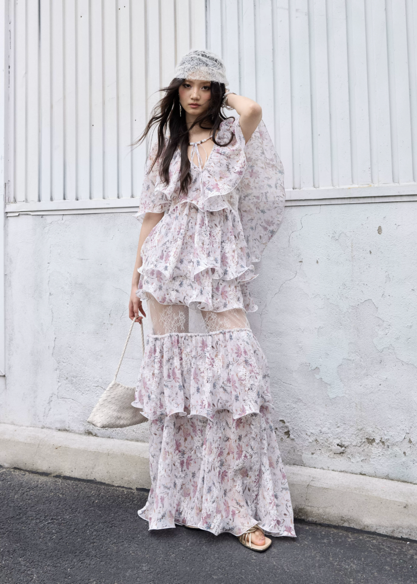 floral two piece set, ruffle maxi skirt set, korean fashion set, romantic floral outfit, vintage floral set, chiffon ruffle top, summer skirt set, feminine two piece outfit, resort wear women, elegant floral maxi set