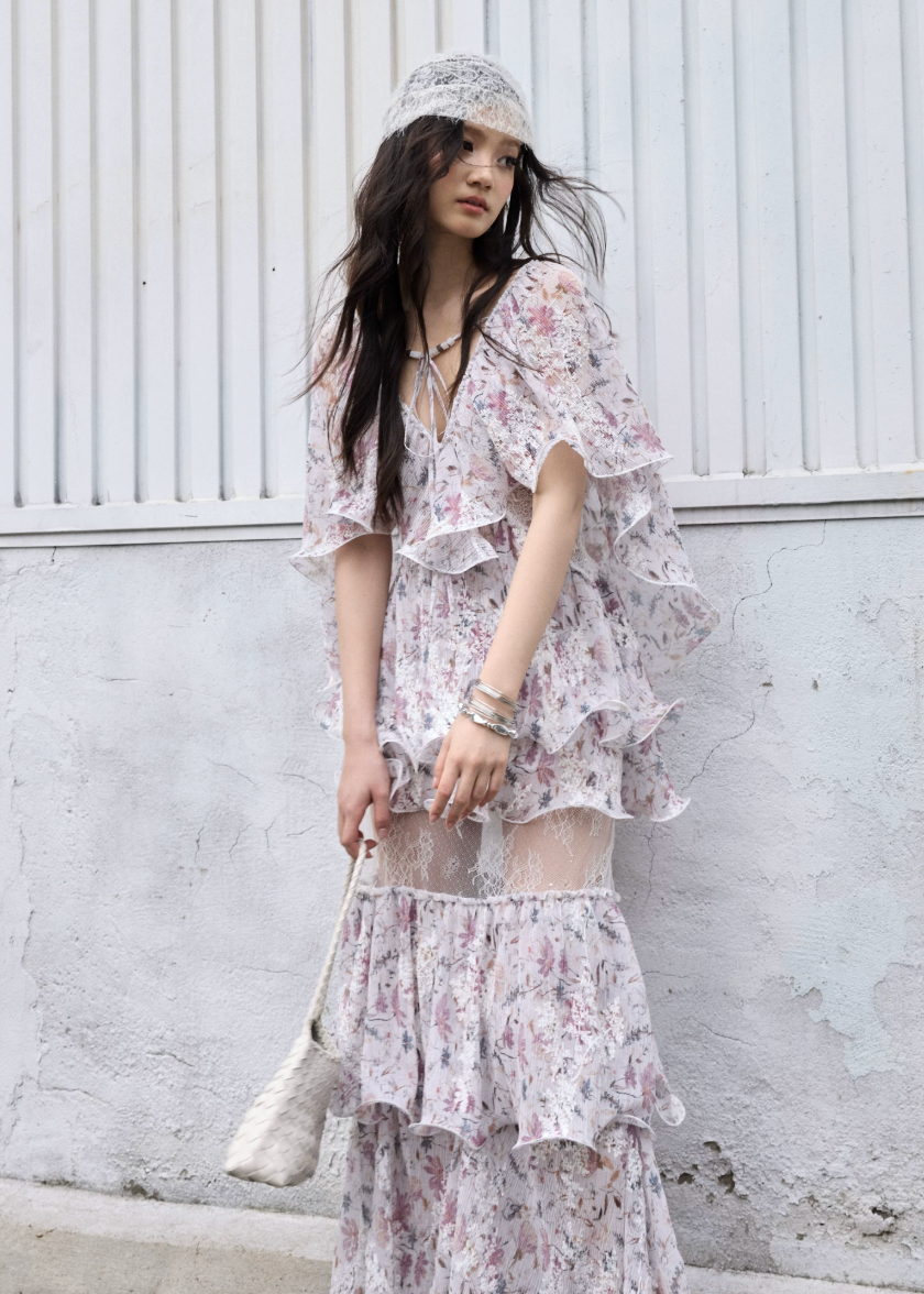 floral two piece set, ruffle maxi skirt set, korean fashion set, romantic floral outfit, vintage floral set, chiffon ruffle top, summer skirt set, feminine two piece outfit, resort wear women, elegant floral maxi set