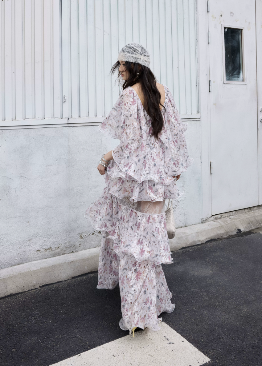 floral two piece set, ruffle maxi skirt set, korean fashion set, romantic floral outfit, vintage floral set, chiffon ruffle top, summer skirt set, feminine two piece outfit, resort wear women, elegant floral maxi set