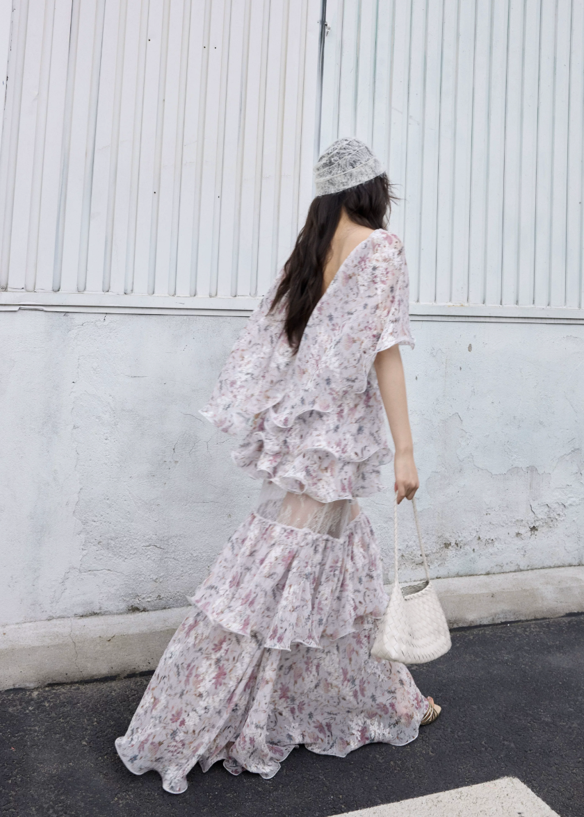 floral two piece set, ruffle maxi skirt set, korean fashion set, romantic floral outfit, vintage floral set, chiffon ruffle top, summer skirt set, feminine two piece outfit, resort wear women, elegant floral maxi set