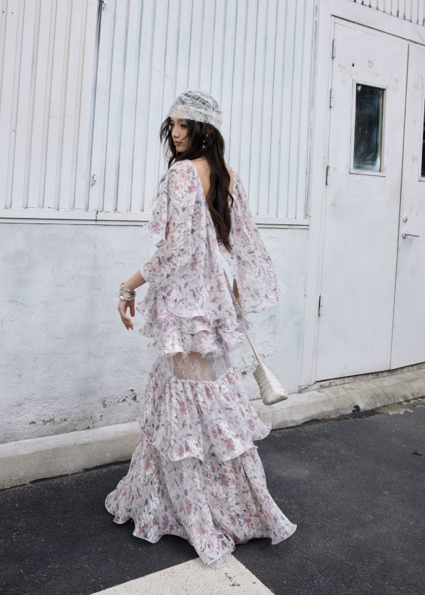 floral two piece set, ruffle maxi skirt set, korean fashion set, romantic floral outfit, vintage floral set, chiffon ruffle top, summer skirt set, feminine two piece outfit, resort wear women, elegant floral maxi set