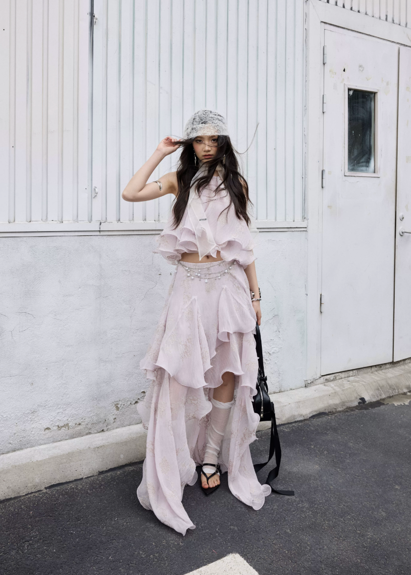 peach pink two piece set, halter ruffle set, korean fashion set, romantic maxi skirt set, fairycore outfit, layered ruffle skirt, feminine summer set, elegant two piece dress set, jnylon dress set, resort wear women