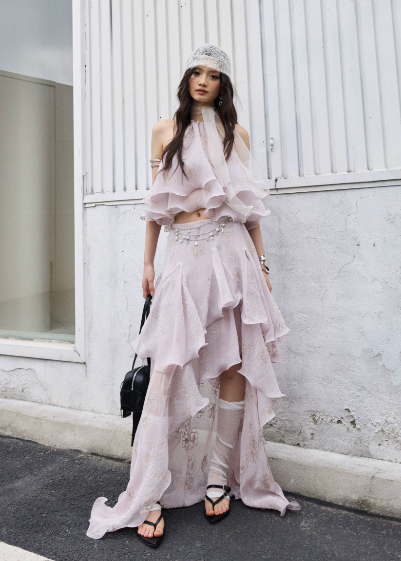 peach pink two piece set, halter ruffle set, korean fashion set, romantic maxi skirt set, fairycore outfit, layered ruffle skirt, feminine summer set, elegant two piece dress set, jnylon dress set, resort wear women
