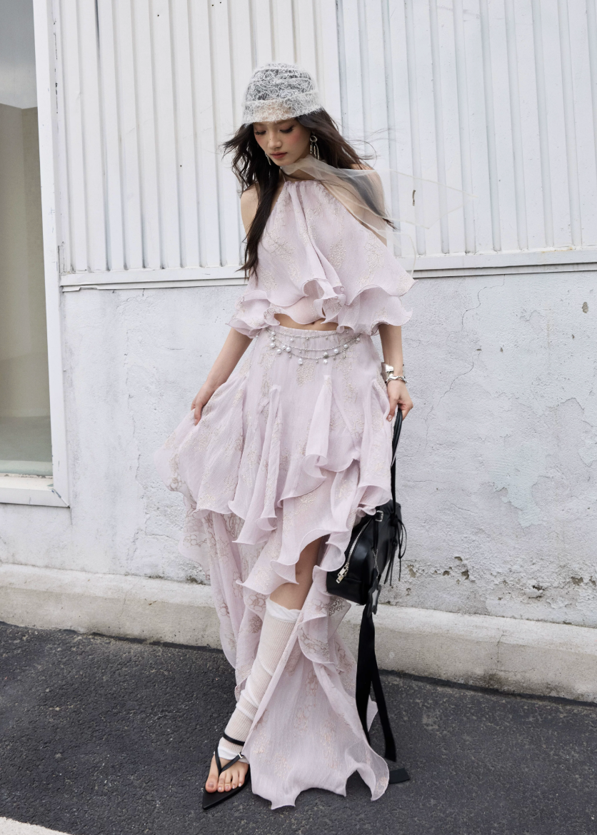 peach pink two piece set, halter ruffle set, korean fashion set, romantic maxi skirt set, fairycore outfit, layered ruffle skirt, feminine summer set, elegant two piece dress set, jnylon dress set, resort wear women