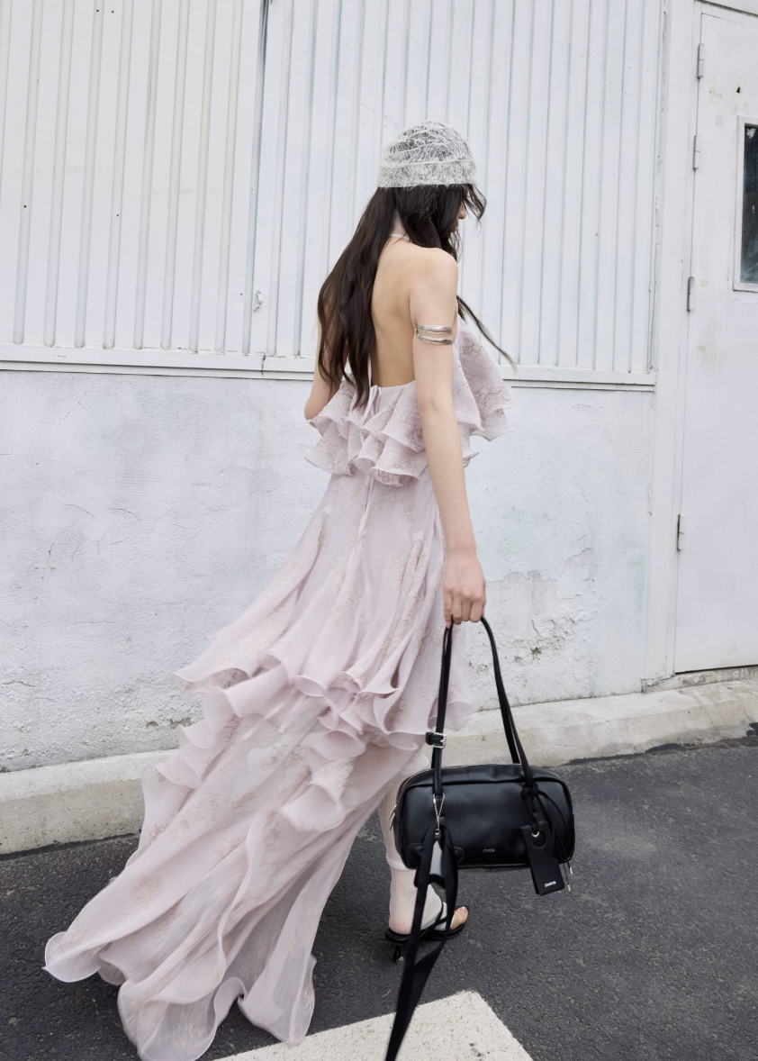 peach pink two piece set, halter ruffle set, korean fashion set, romantic maxi skirt set, fairycore outfit, layered ruffle skirt, feminine summer set, elegant two piece dress set, jnylon dress set, resort wear women