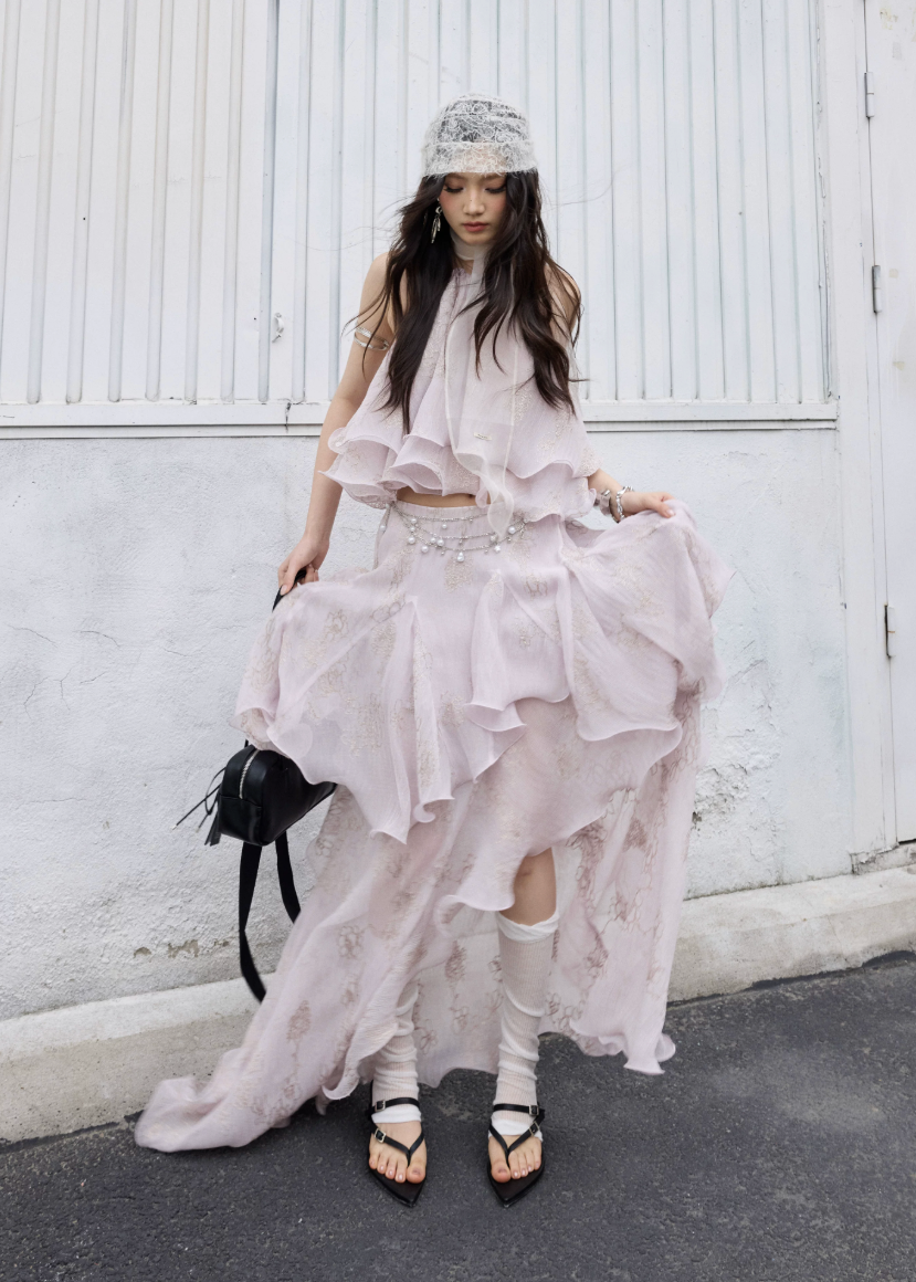 peach pink two piece set, halter ruffle set, korean fashion set, romantic maxi skirt set, fairycore outfit, layered ruffle skirt, feminine summer set, elegant two piece dress set, jnylon dress set, resort wear women