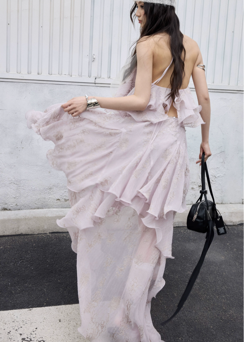 peach pink two piece set, halter ruffle set, korean fashion set, romantic maxi skirt set, fairycore outfit, layered ruffle skirt, feminine summer set, elegant two piece dress set, jnylon dress set, resort wear women