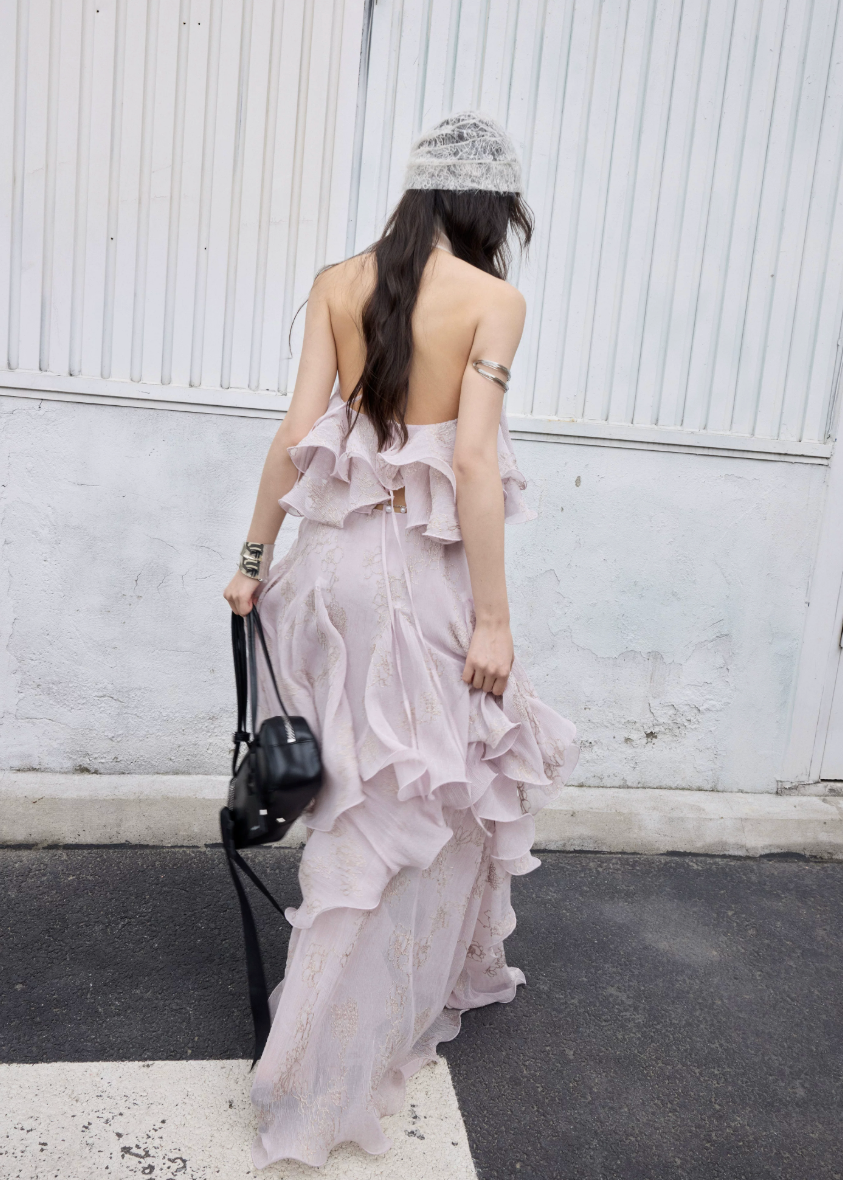 peach pink two piece set, halter ruffle set, korean fashion set, romantic maxi skirt set, fairycore outfit, layered ruffle skirt, feminine summer set, elegant two piece dress set, jnylon dress set, resort wear women
