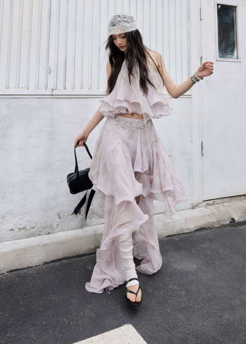 peach pink two piece set, halter ruffle set, korean fashion set, romantic maxi skirt set, fairycore outfit, layered ruffle skirt, feminine summer set, elegant two piece dress set, jnylon dress set, resort wear women