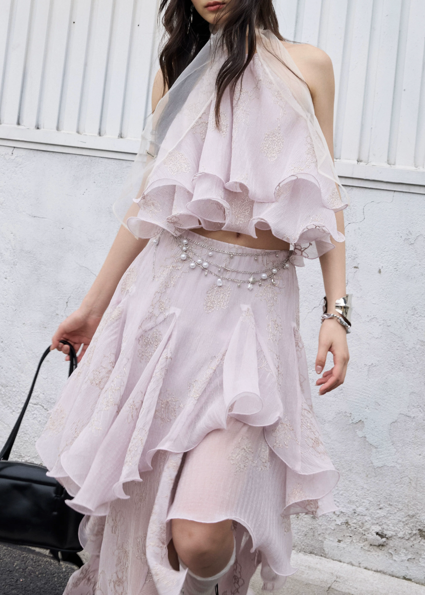 peach pink two piece set, halter ruffle set, korean fashion set, romantic maxi skirt set, fairycore outfit, layered ruffle skirt, feminine summer set, elegant two piece dress set, jnylon dress set, resort wear women