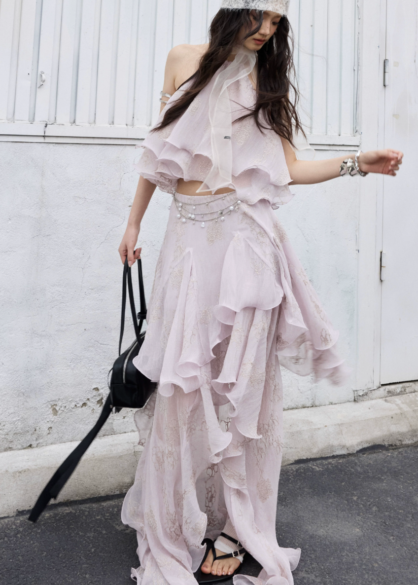 peach pink two piece set, halter ruffle set, korean fashion set, romantic maxi skirt set, fairycore outfit, layered ruffle skirt, feminine summer set, elegant two piece dress set, jnylon dress set, resort wear women