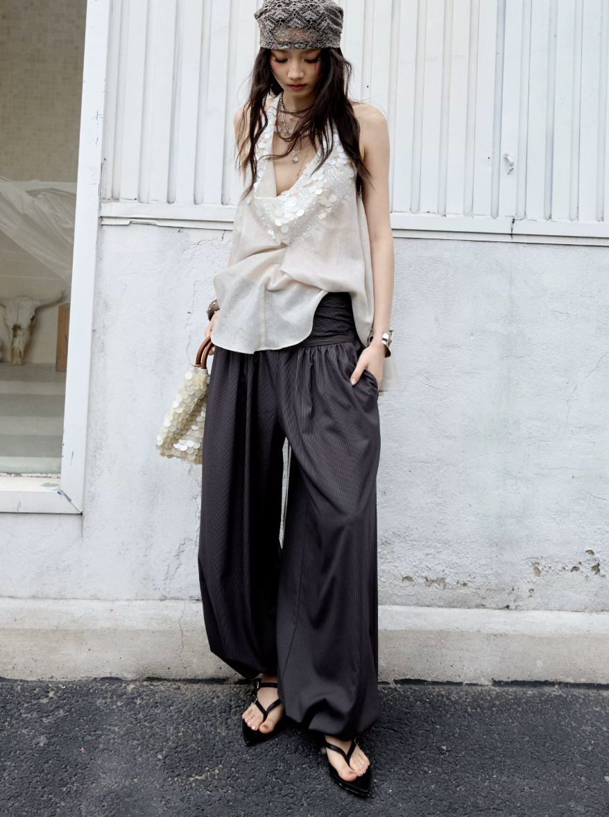 jnylon pants, balloon pants women, striped wide leg pants, korean fashion pants, relaxed casual pants, modern vintage trousers, urban nomad pants, lantern pants women, draped pants, stylish korean outfit, wide leg balloon trousers, summer casual pants