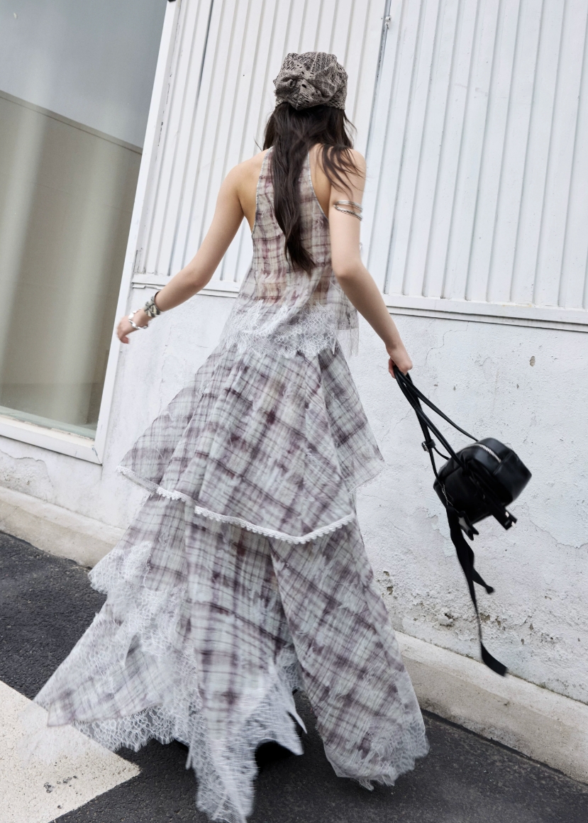 check two piece set, lace patchwork skirt set, korean fashion set, romantic maxi skirt set, vintage plaid outfit, feminine two piece dress set, irregular lace set, artistic summer outfit, jnylon set, elegant vacation outfit