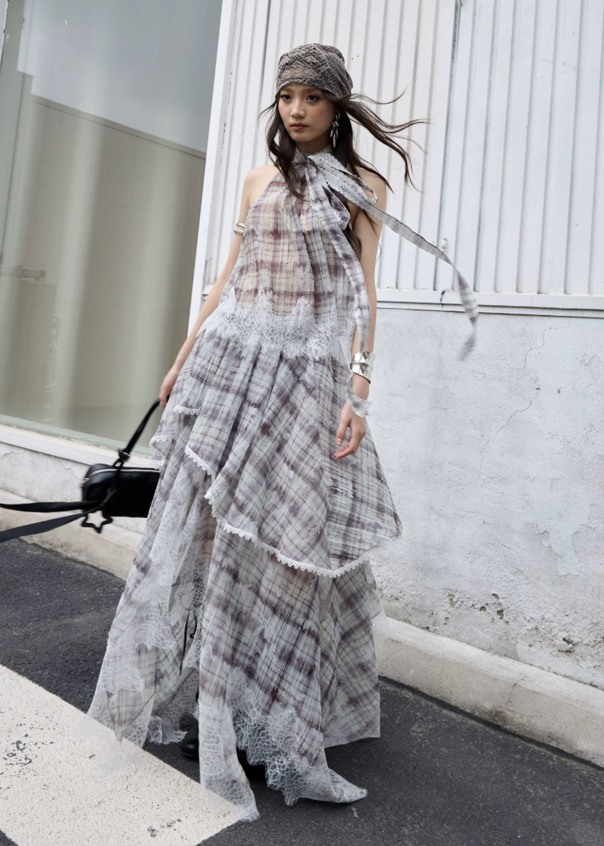 check two piece set, lace patchwork skirt set, korean fashion set, romantic maxi skirt set, vintage plaid outfit, feminine two piece dress set, irregular lace set, artistic summer outfit, jnylon set, elegant vacation outfit