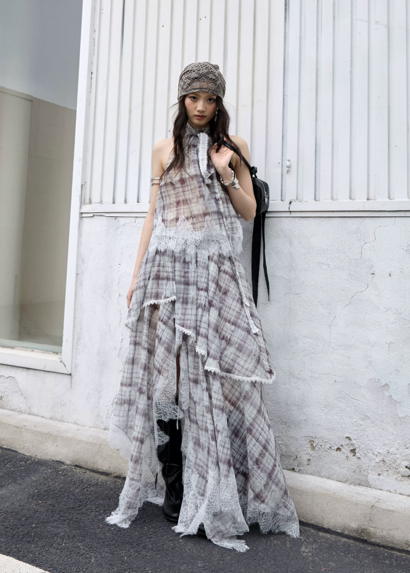 check two piece set, lace patchwork skirt set, korean fashion set, romantic maxi skirt set, vintage plaid outfit, feminine two piece dress set, irregular lace set, artistic summer outfit, jnylon set, elegant vacation outfit