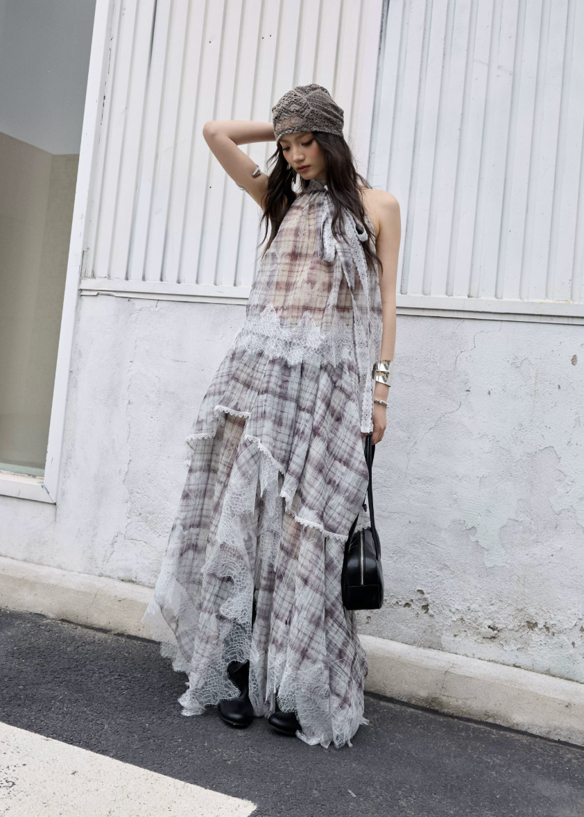 check two piece set, lace patchwork skirt set, korean fashion set, romantic maxi skirt set, vintage plaid outfit, feminine two piece dress set, irregular lace set, artistic summer outfit, jnylon set, elegant vacation outfit
