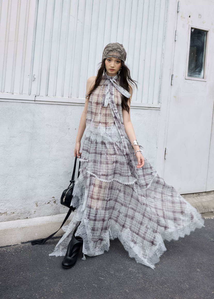check two piece set, lace patchwork skirt set, korean fashion set, romantic maxi skirt set, vintage plaid outfit, feminine two piece dress set, irregular lace set, artistic summer outfit, jnylon set, elegant vacation outfit