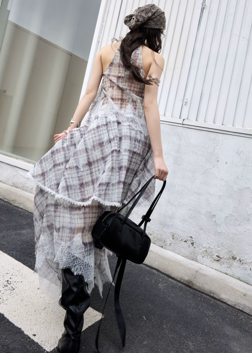 check two piece set, lace patchwork skirt set, korean fashion set, romantic maxi skirt set, vintage plaid outfit, feminine two piece dress set, irregular lace set, artistic summer outfit, jnylon set, elegant vacation outfit